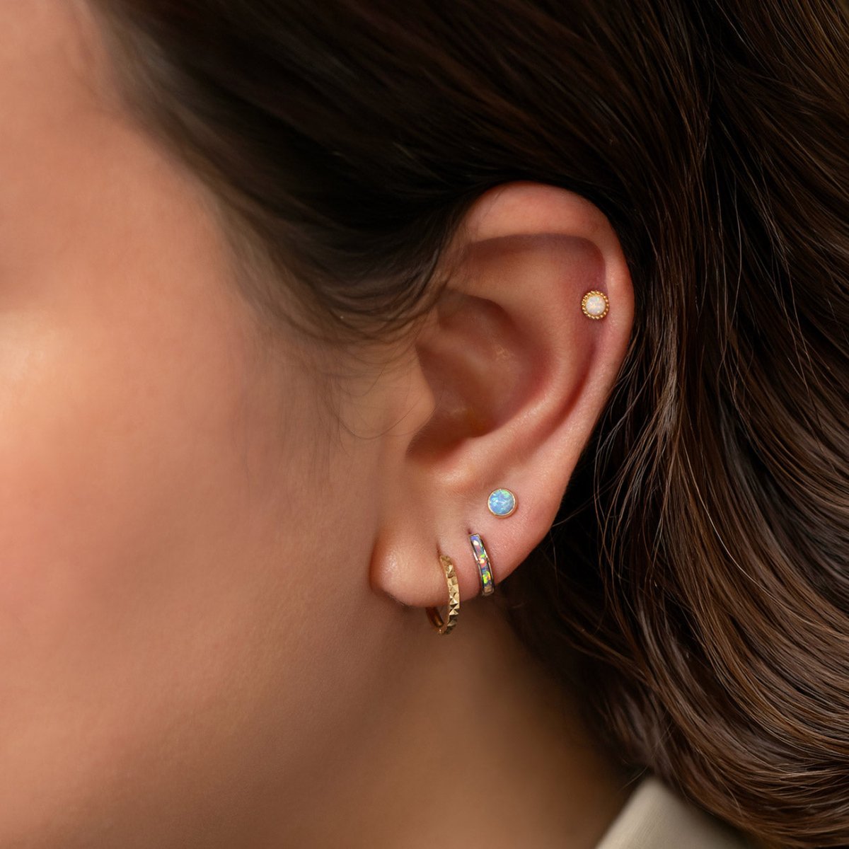 14K Gold Earrings featuring light blue opal and white opal huggies, flat back studs and stud earrings from AMYO | #Gemstone_Light Blue Opal