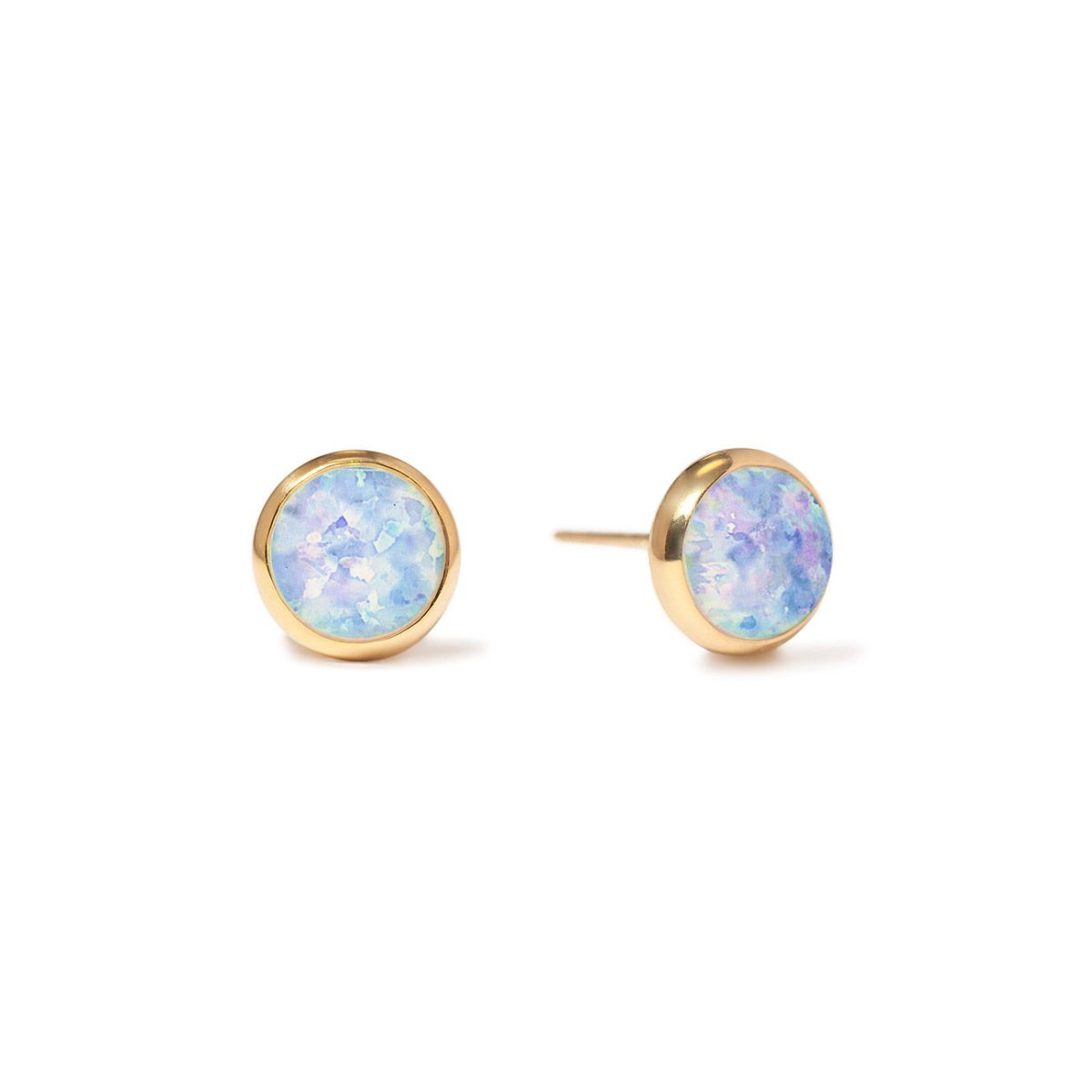 Pair of gold earrings with round, light blue Opal | #Gemstone_Light Blue Opal