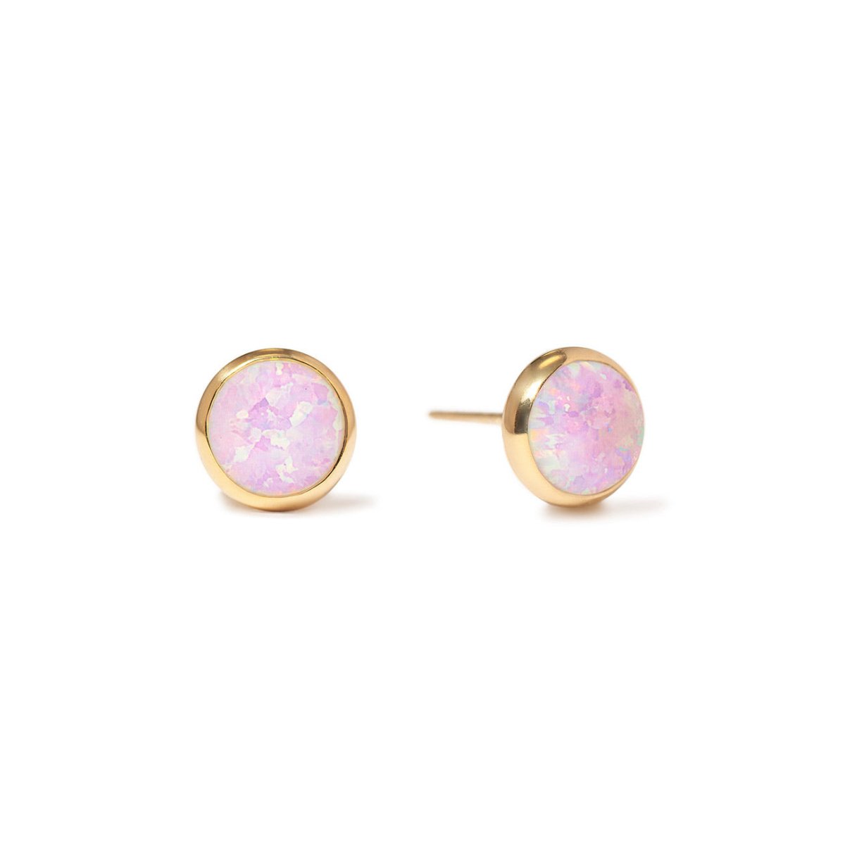 Pair of round earrings with pink opal and gold posts | #Gemstone_Pink Opal