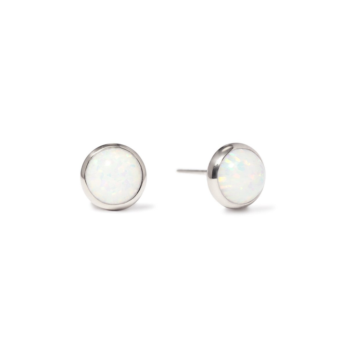 A pair of white opal cabochon stud earrings set in 14K white gold #Gemstone_White Opal