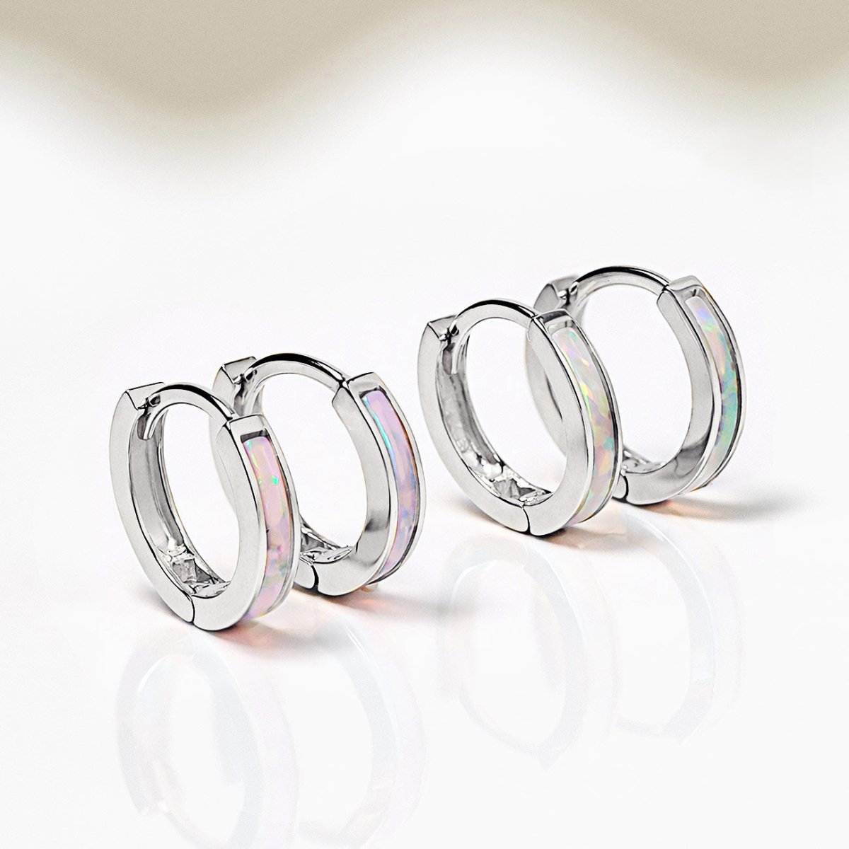 Bestselling Opal Huggie Earrings from AMYO in 14K White Gold with Pink Opal and White Opal | #Gemstone_Pink Opal