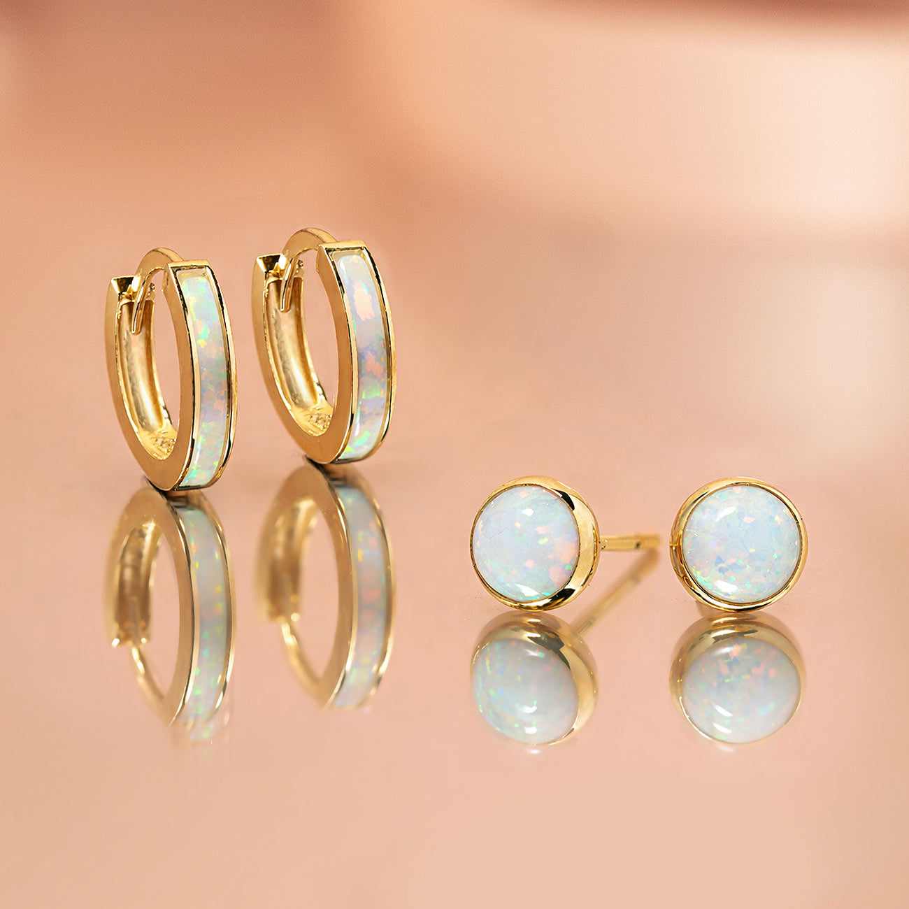 14K Gold White Opal huggie and cabochon earrings from AMYO | #Gemstone_White Opal