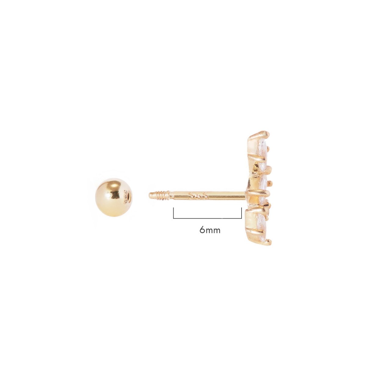 Gold vermeil cluster stud with white zirconia and a ball back, size comparison 6mm, on a white background