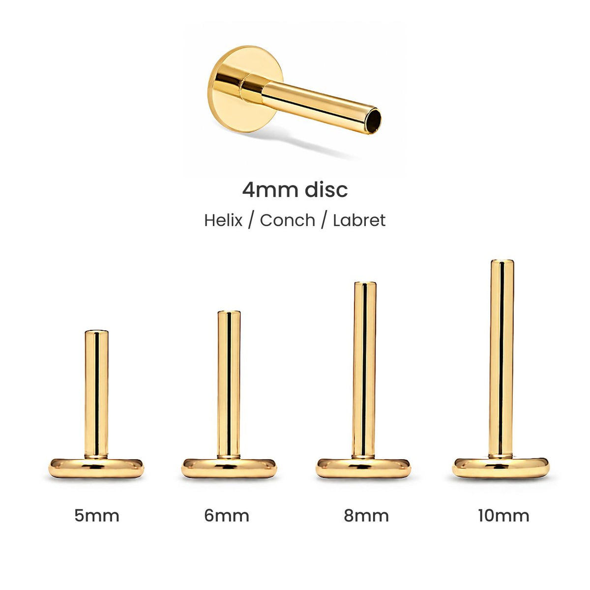 Gold titanium threadless post flat back stud earrings with 4mm disc back