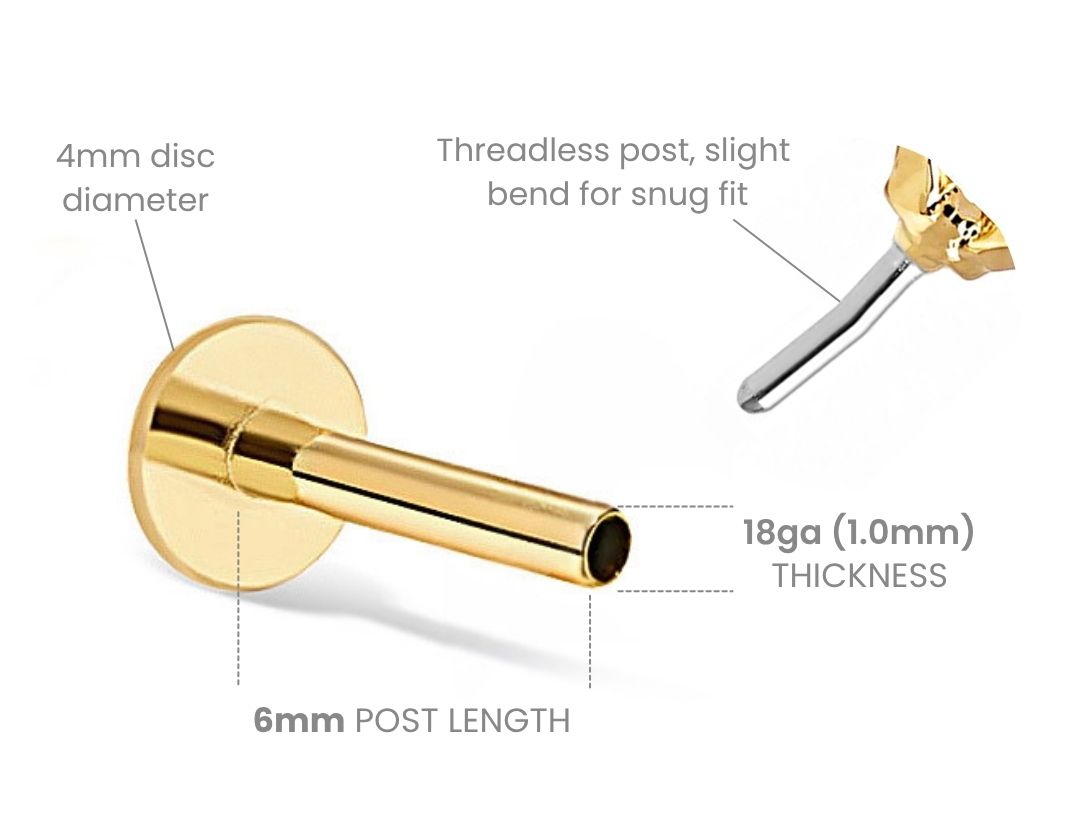 Diagram of a gold flat back post labelled 4mm disc diameter, 6mm post length and 18g thickness, with a threadless top