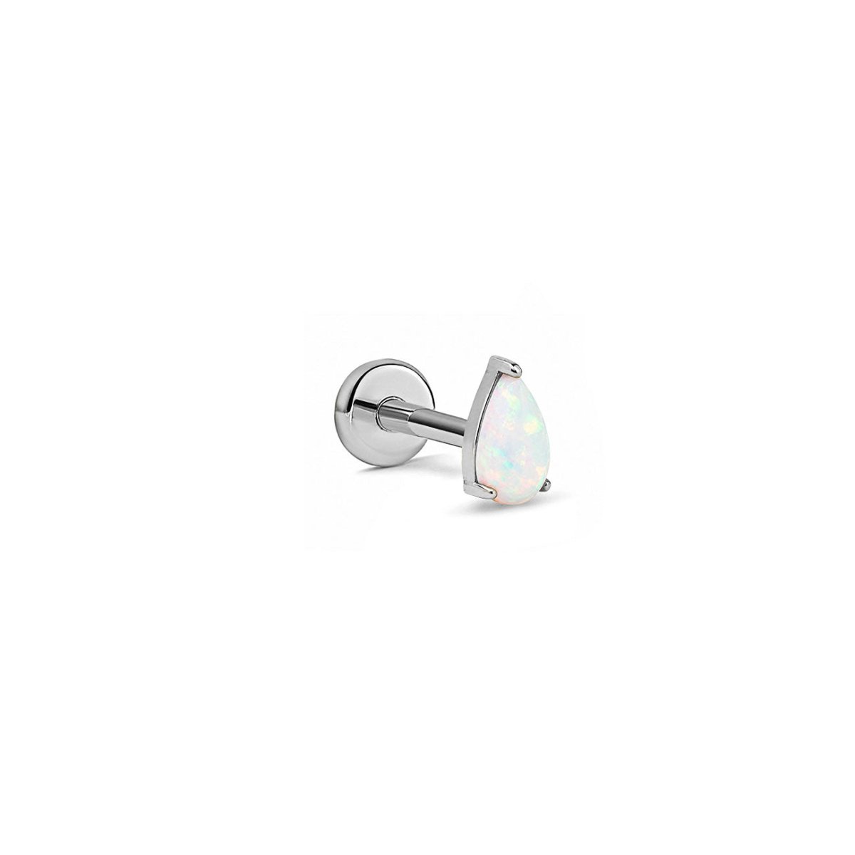 Single flat back stud with a pear-shaped white stone in a prong setting, shown on a plain background