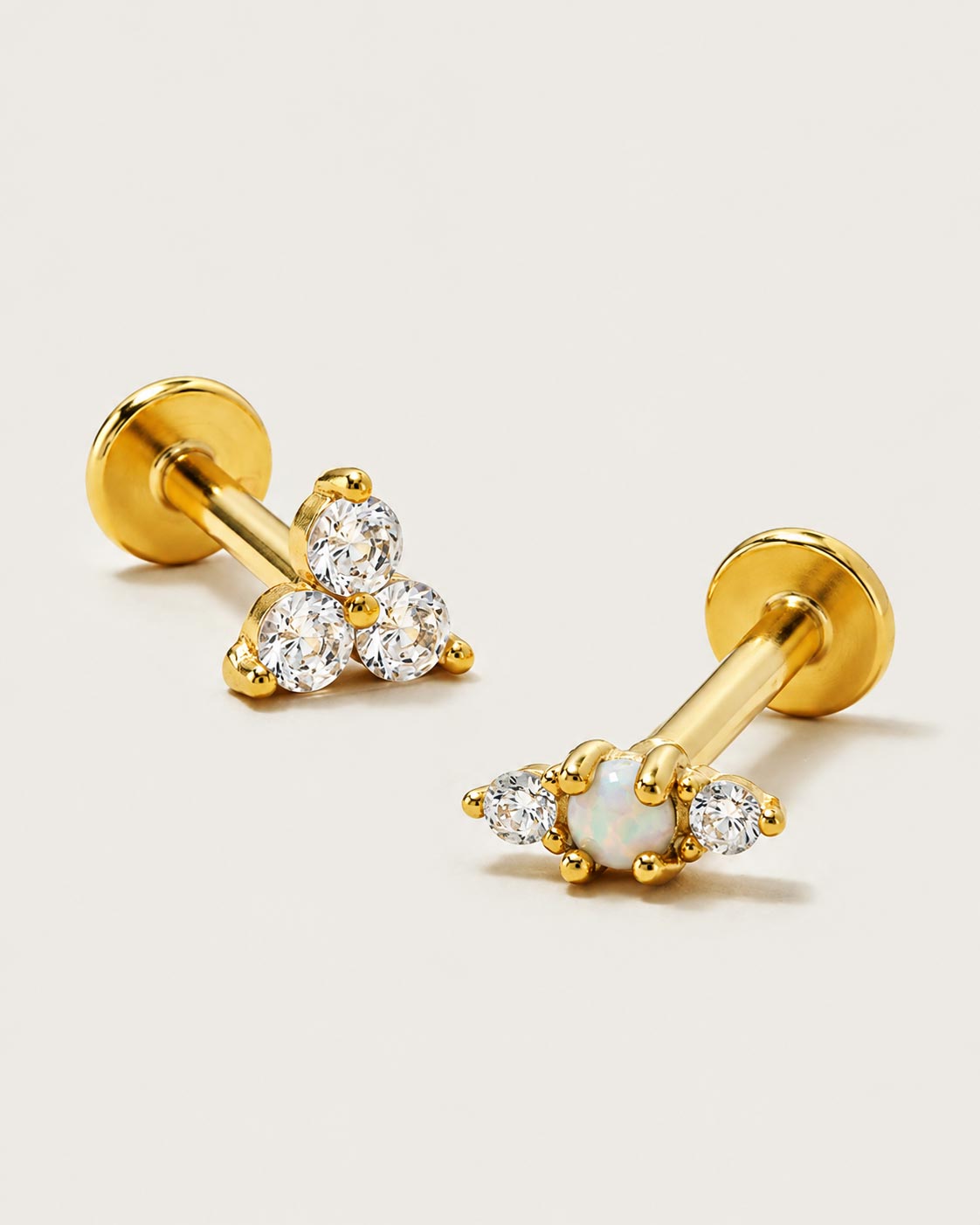 Gold vermeil Flat back stud earrings with white zirconia and opal gemstones from AMYO.