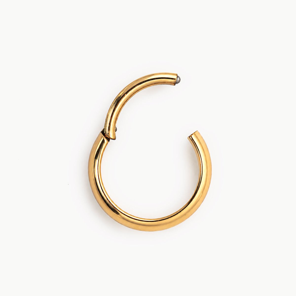 Gold titanium boyfriend seamless clicker hoops, close-up detail