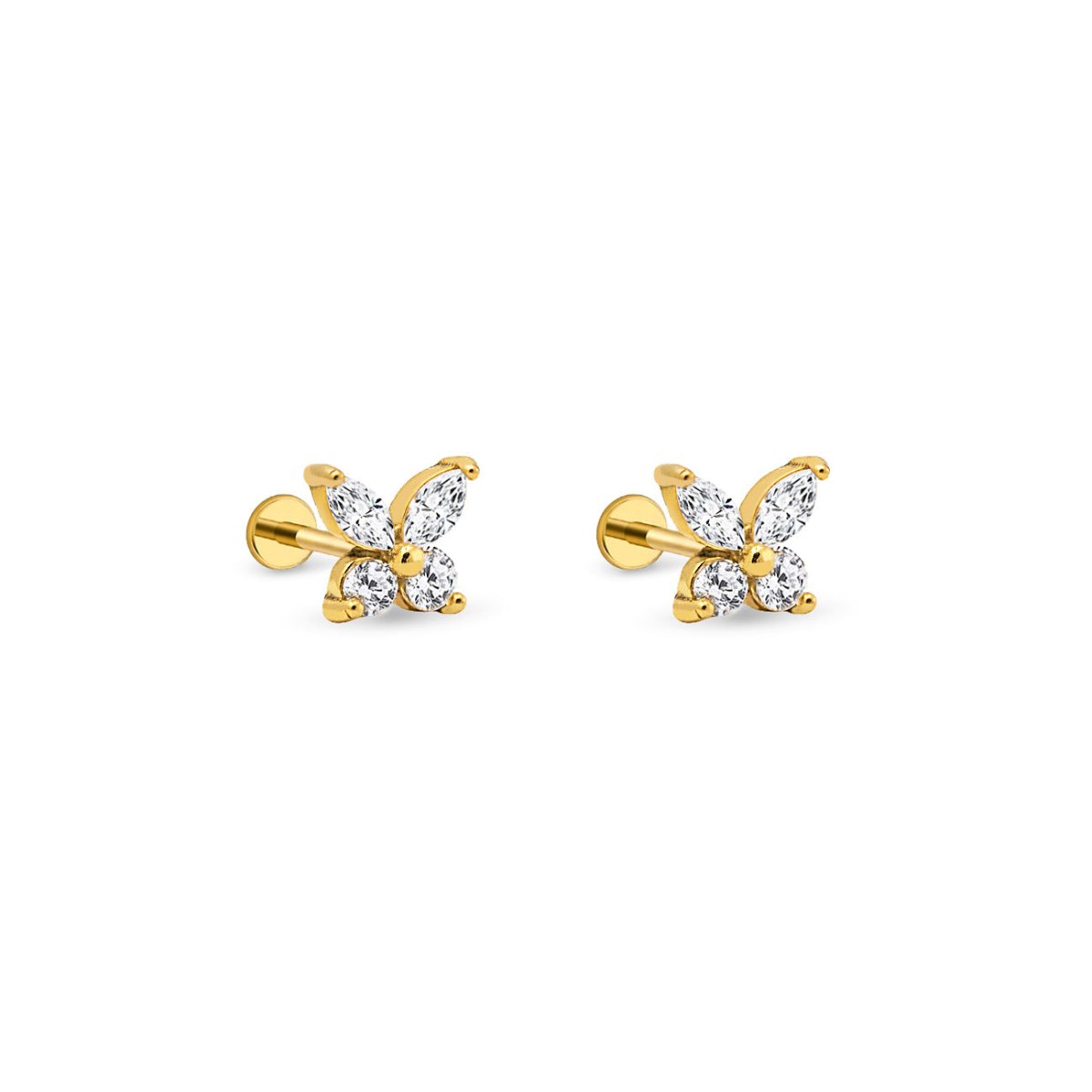 Pair of gold clear crystal butterfly flat back studs with labret posts, on a white background.