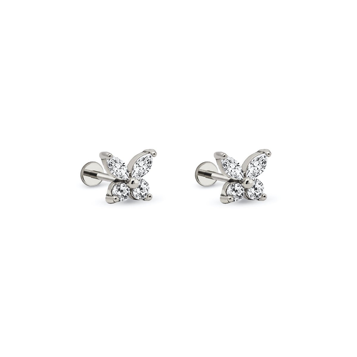 Pair of silver clear crystal butterfly flat back studs with labret posts, on a white background.
