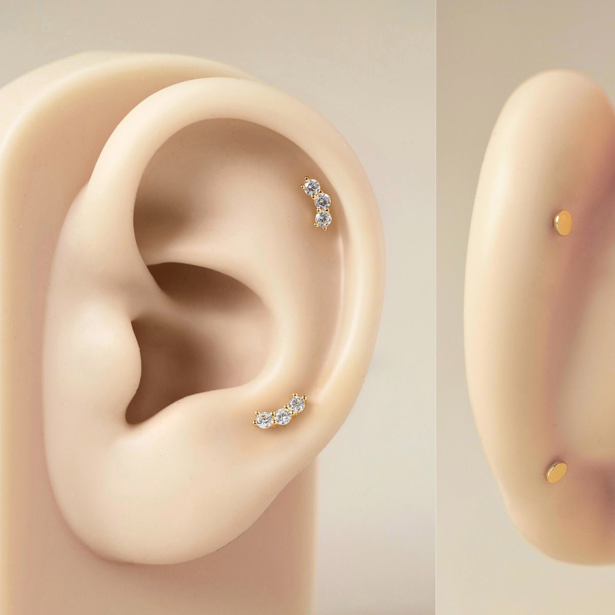 AMYO's Curve Pavé Flat Back Stud worn on silicone ear model, showing size and placement on upper lobe and cartilage.