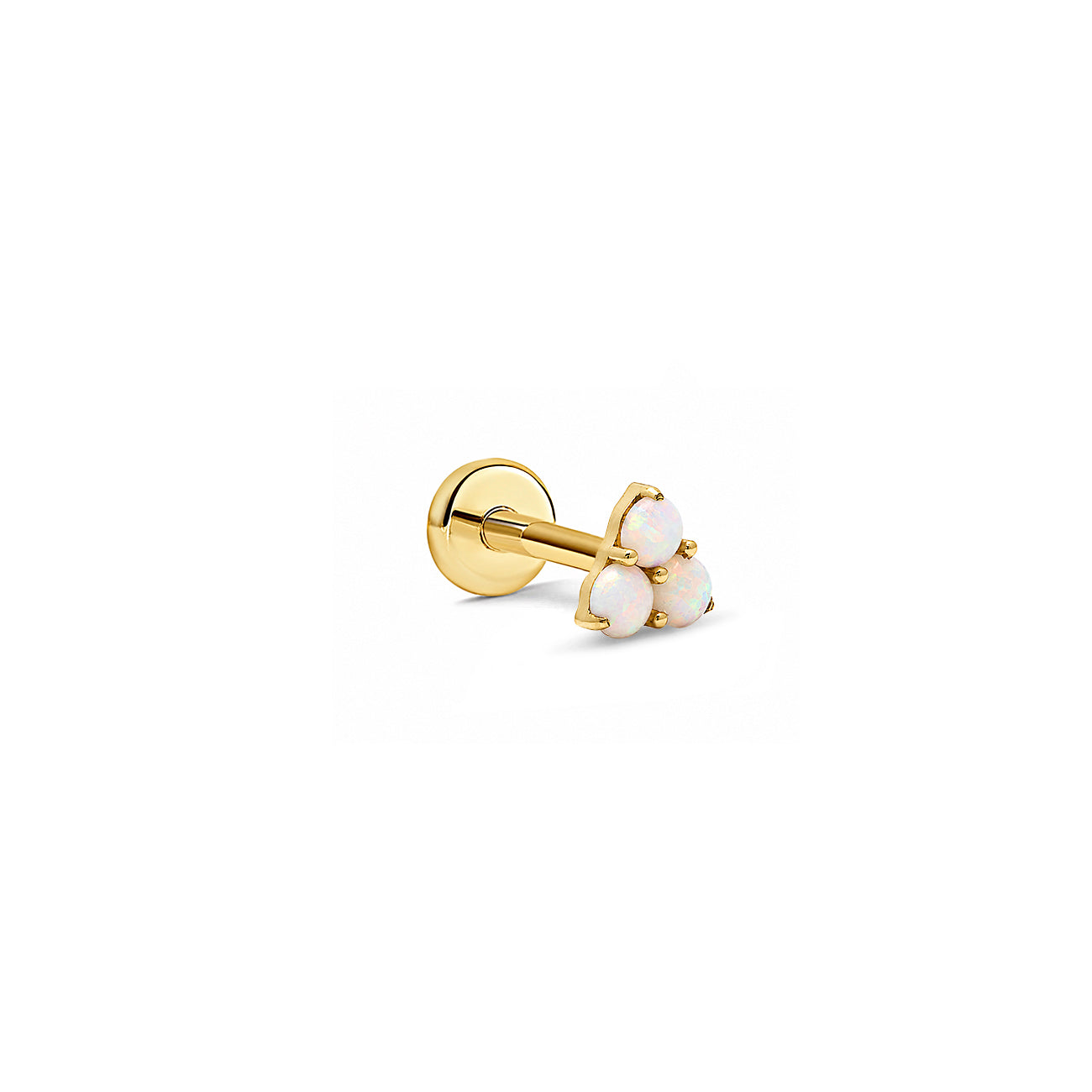 Gold flat back earring with three round white stones in a trinity cluster, shown on a white background