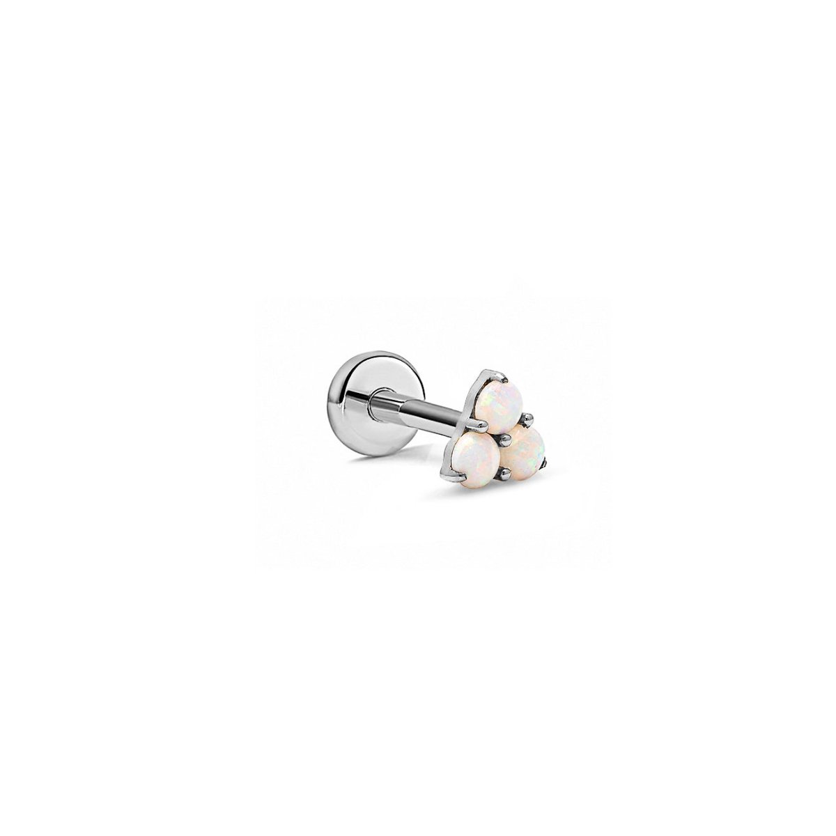 Silver flat back stud with a cluster of three round white stones, shown on a plain white background