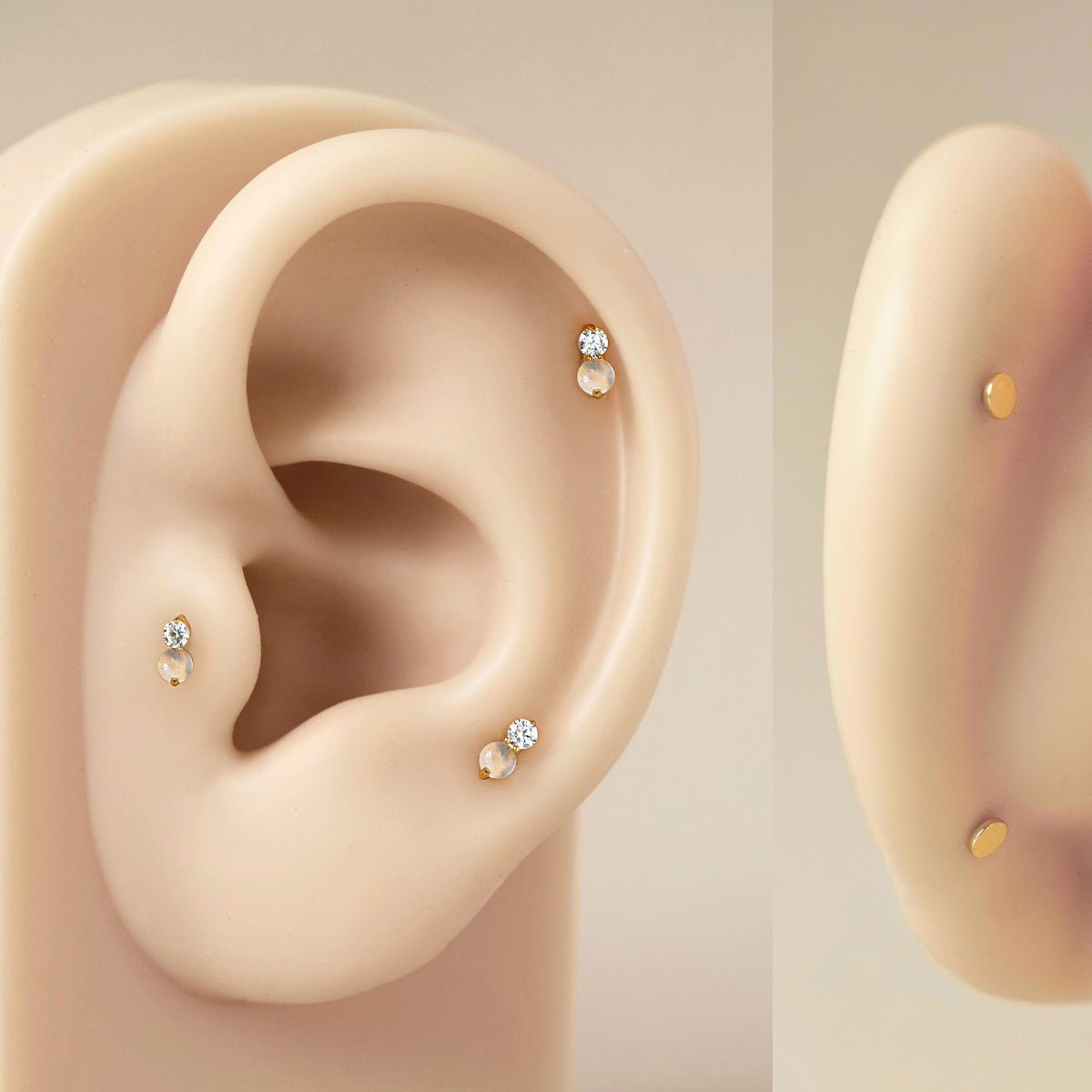Tiny Pavé Duo Flat back Stud with white opal and zirconia gemstones worn on silicone ear for size reference | #Gemstone_White Opal