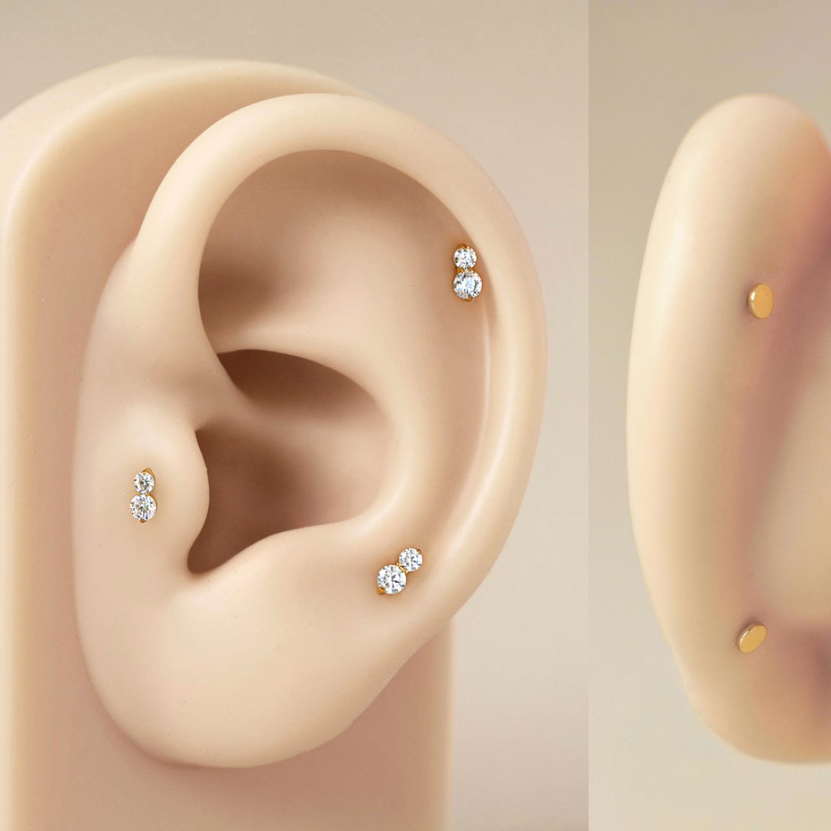 Tiny Pavé Duo Flat back Stud with white zirconia gemstones worn on silicone ear | #Gemstone_White Zirconia