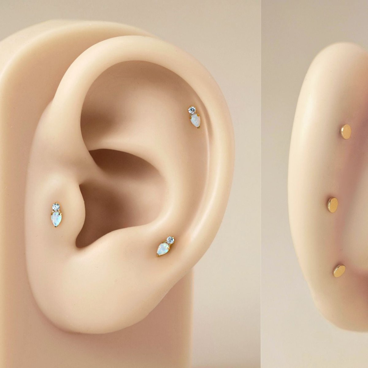 As worn image on silicone ear of the Tiny Pear Duo Flatback Stud with White Opal in Gold Titanium| #Gemstone_White Opal