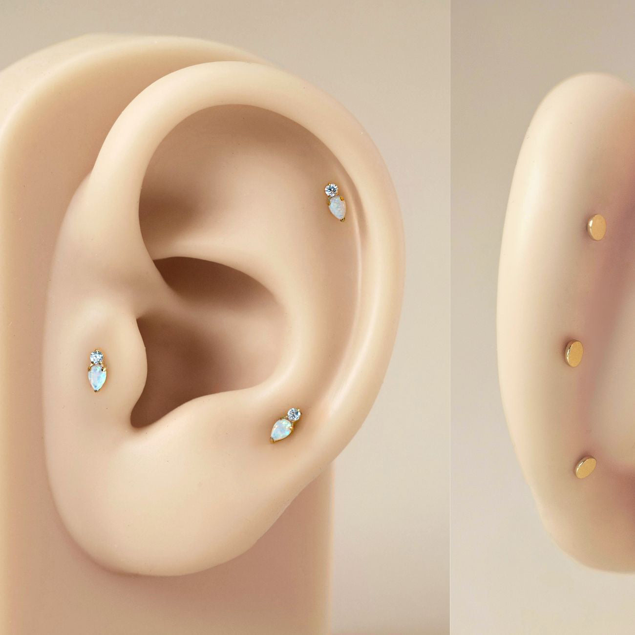 As worn image on silicone ear of the Tiny Pear Duo Flatback Stud with White Opal in Gold Titanium| #Gemstone_White Opal