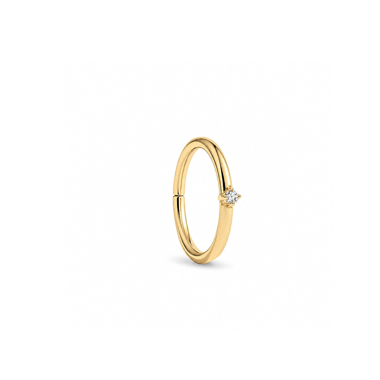 14K gold clicker hoop with a single prong-set crystal, shown upright on a plain white background