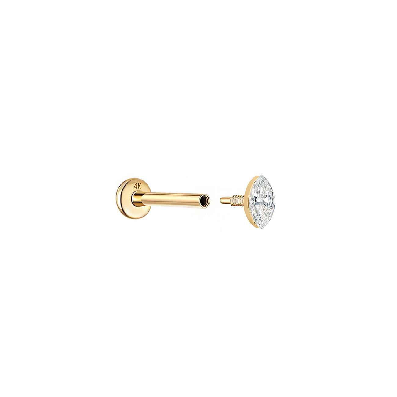 14K gold flat back earring shown disassembled, with threaded labret post and marquise stone top