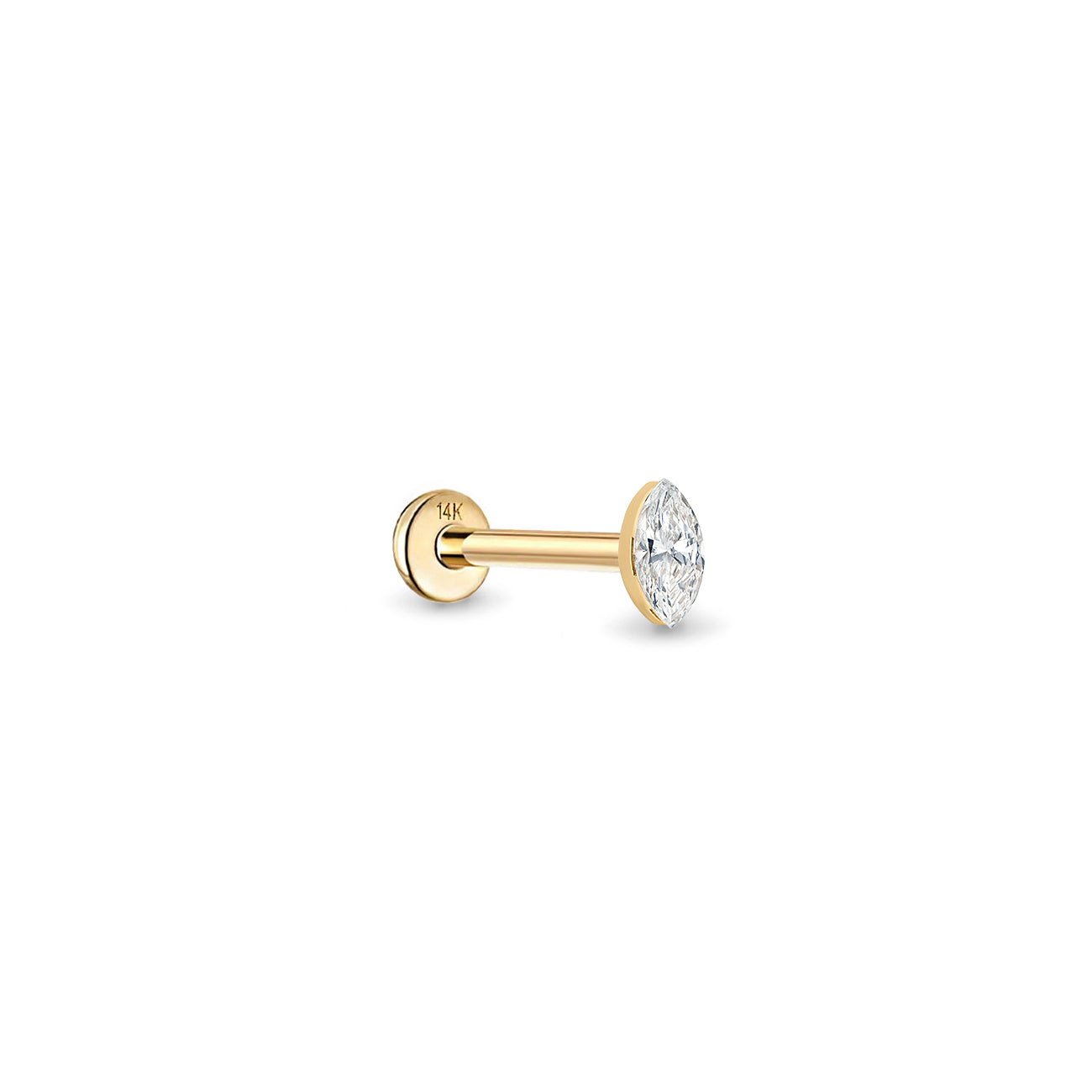 14K gold flat back stud with a marquise-cut clear stone, shown on its side against a white background
