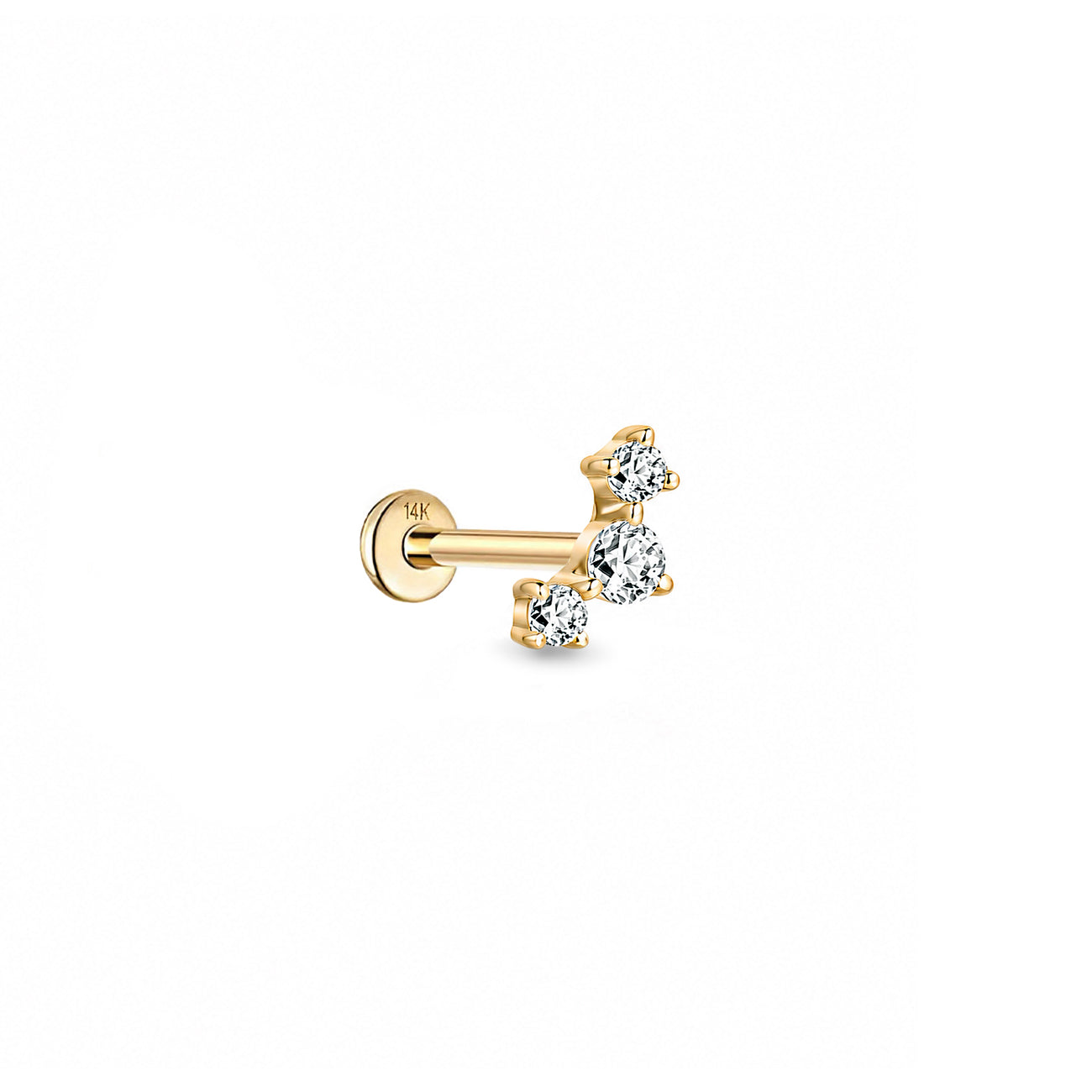 14K gold flat back stud with three round crystals in a curved line, shown on a plain white background