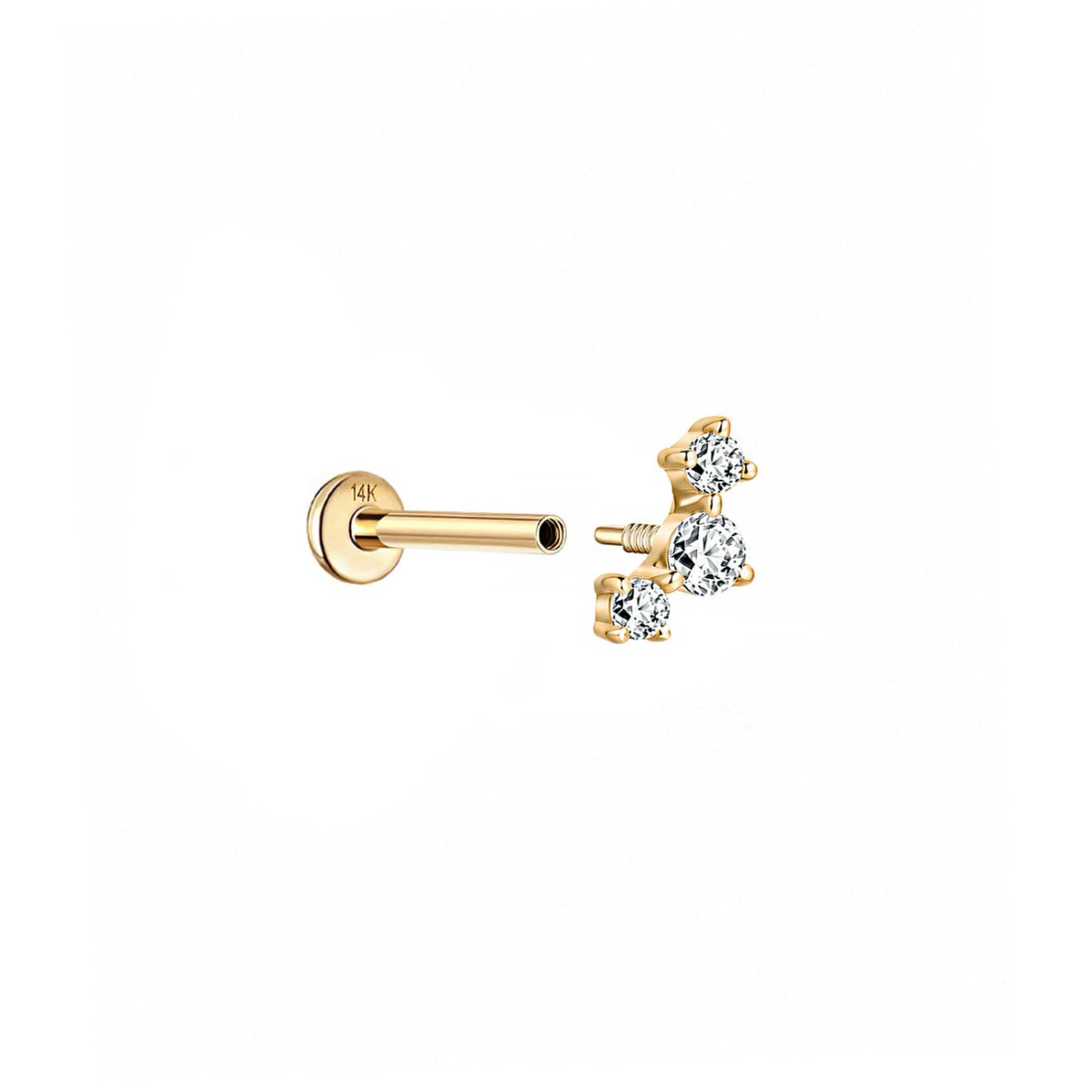 14K gold flat back earring with three round stones in a curved line, shown apart from its flat disc backing