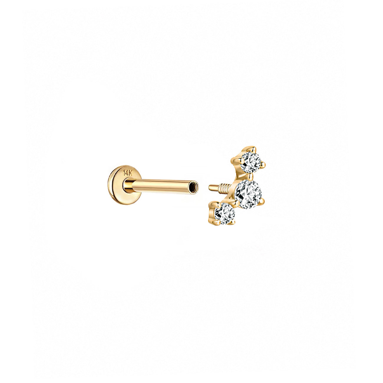 14K gold flat back earring with three round stones in a curved line, shown apart from its flat disc backing