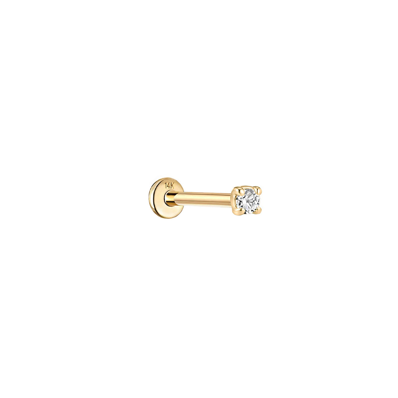 14K gold flat back stud with a small round prong-set stone, shown side-on against a white background