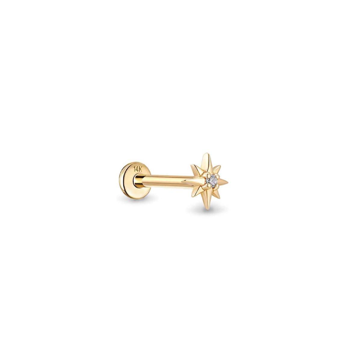 14K gold starburst flat back earring with a small centre stone, shown side-on against a white background