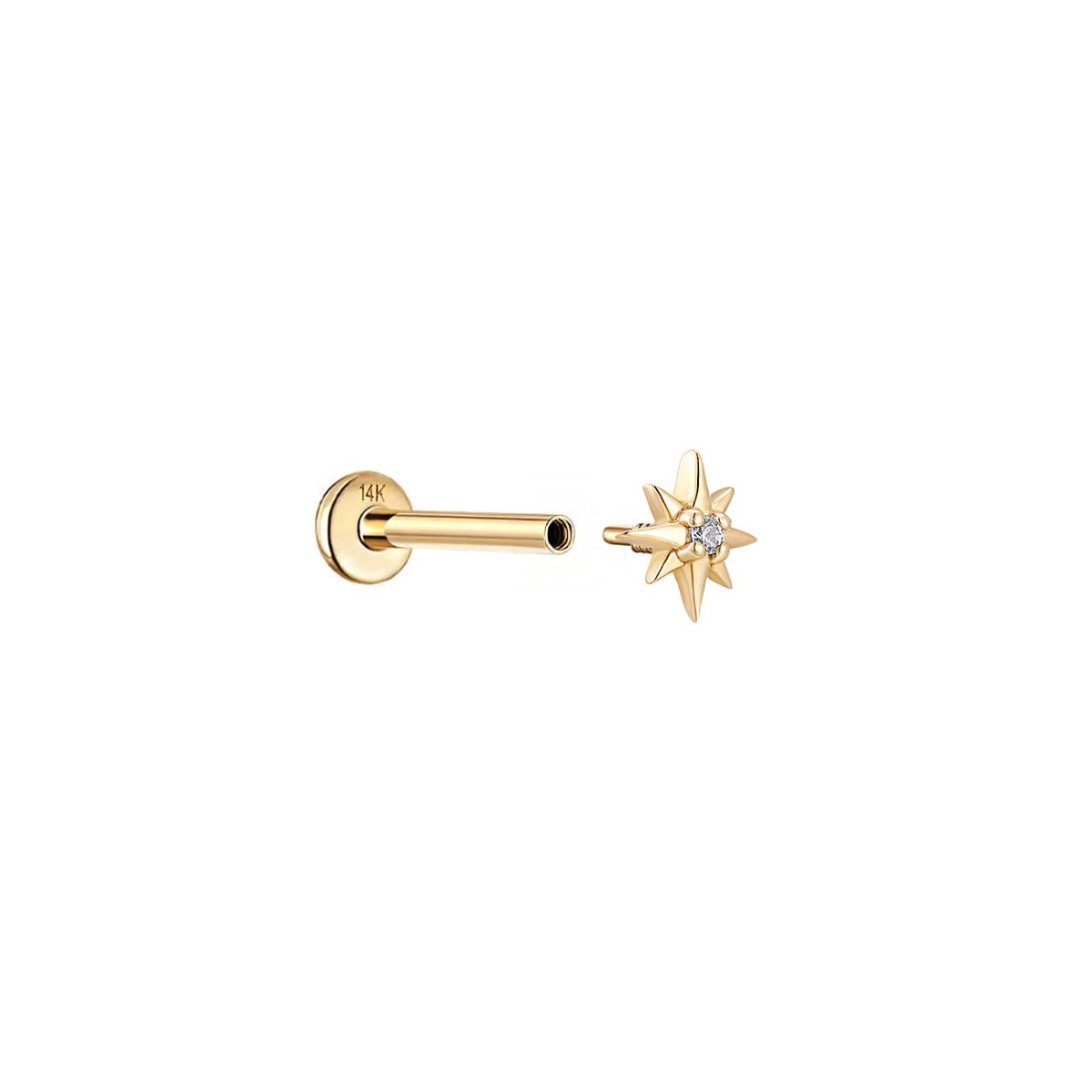 14K gold starburst flat back earring with a small clear stone, shown disassembled beside its threaded post