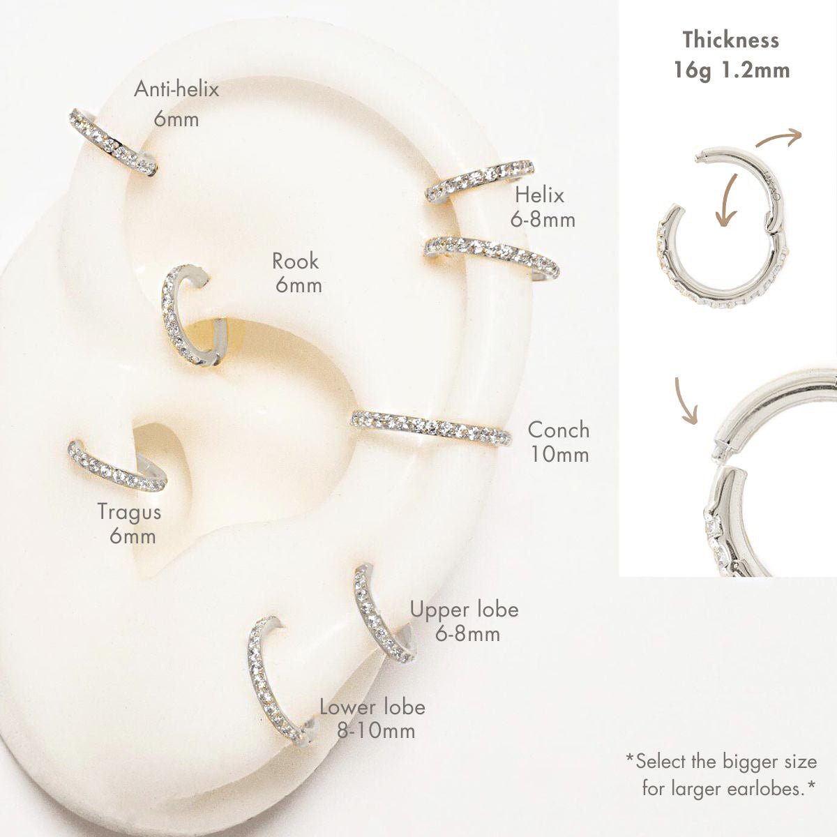 Anneau En V Pour Piercing Cartilage - Acier Inoxydable 316L, 16G (1.2mm), Diamètre 8/10/12mm - Pour Hélix, Conch, Septum, Nez