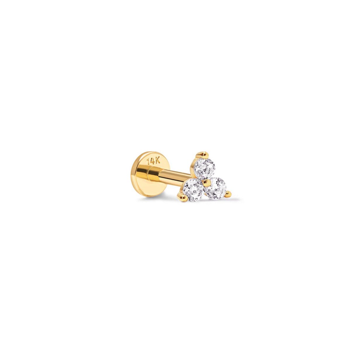 14K gold flat back stud with three round stones in a clover cluster, shown on a plain white background