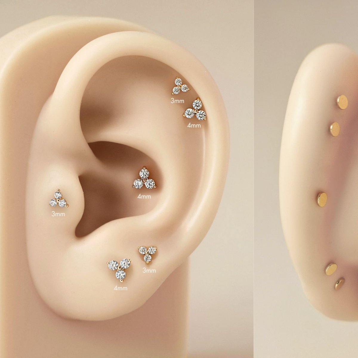 As worn photo of AMYO's 14K Gold Clover Pavé Flat Back Stud in on beige silicone ear.