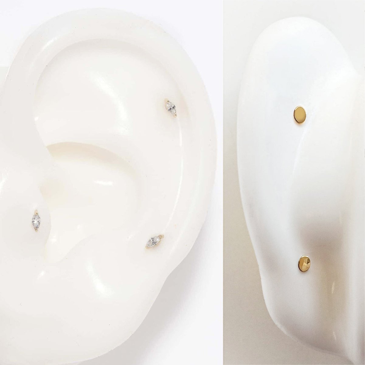 AMYO 14K Gold Tiny Gemstone Marquise flat back stud sizing and cartilage piercing placement guide