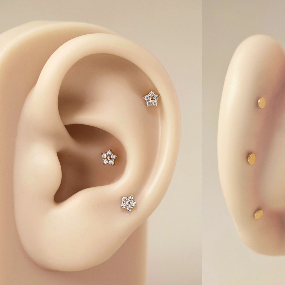 14K gold flower flat back stud sizing and helix placement guide shown on a silicone ear