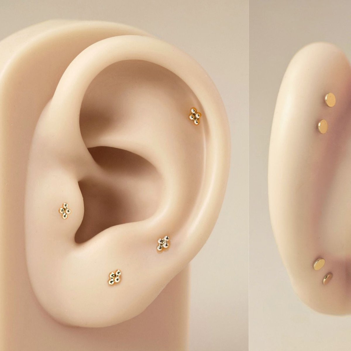 As worn photo of AMYO's Tiny Quad Beaded Flat Back Stud on silicone ear.