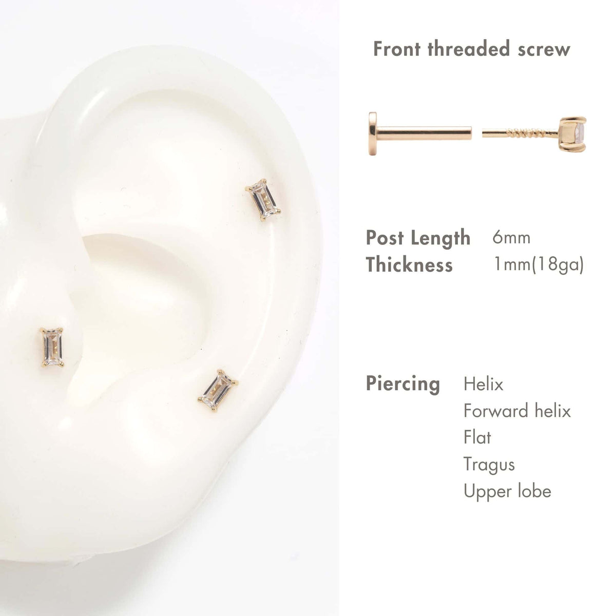 Baguette Flat Back Stud Earring 14k Gold, Helix Tragus Flat Conch 