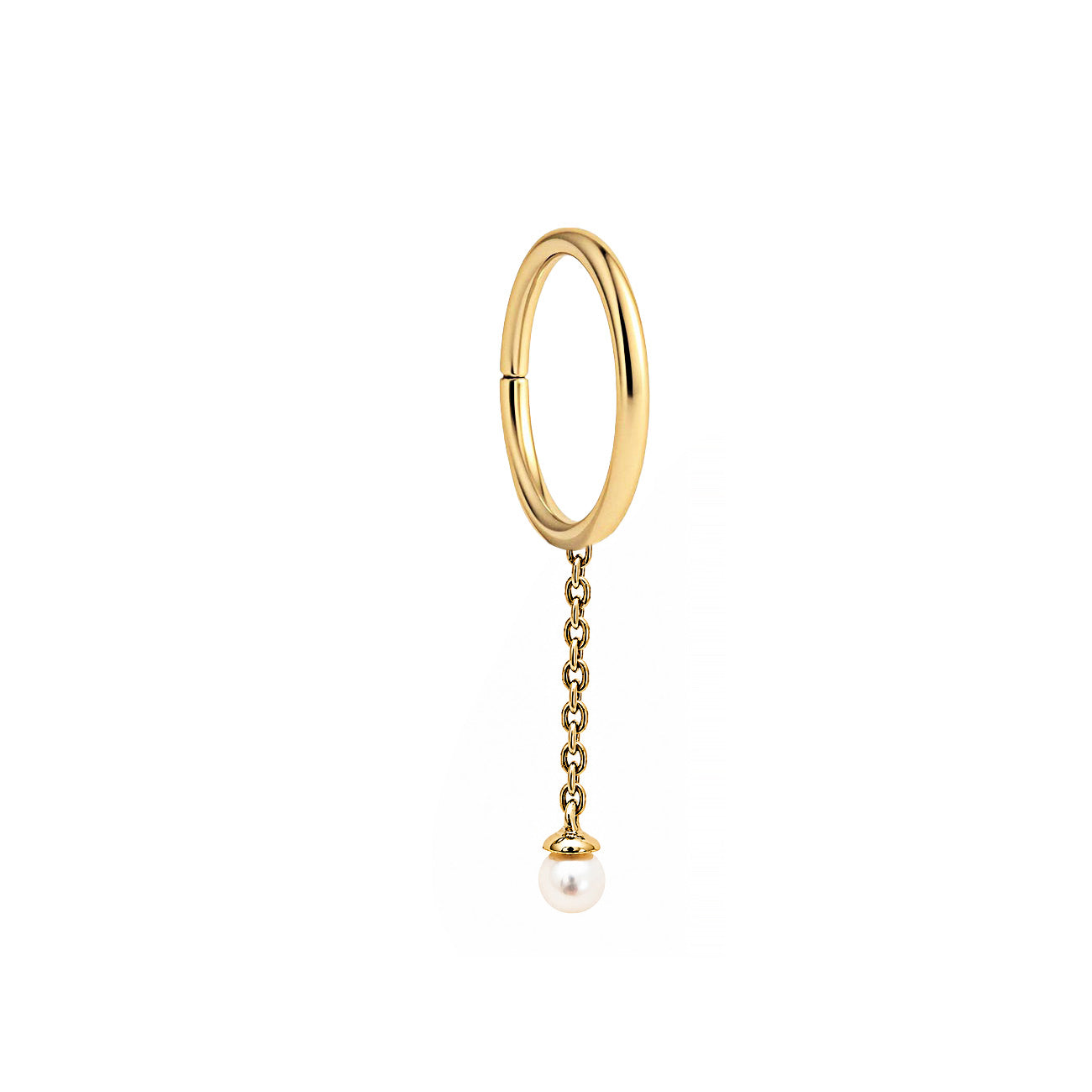 14K gold clicker hoop with a long chain ending in a small round white drop, shown on a white background