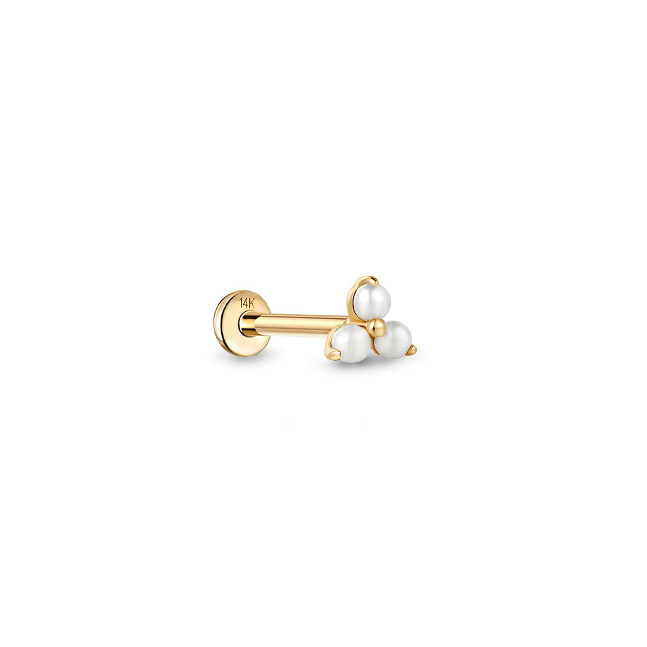 14K gold flat back stud with three small round white beads in a cluster, shown on a white background