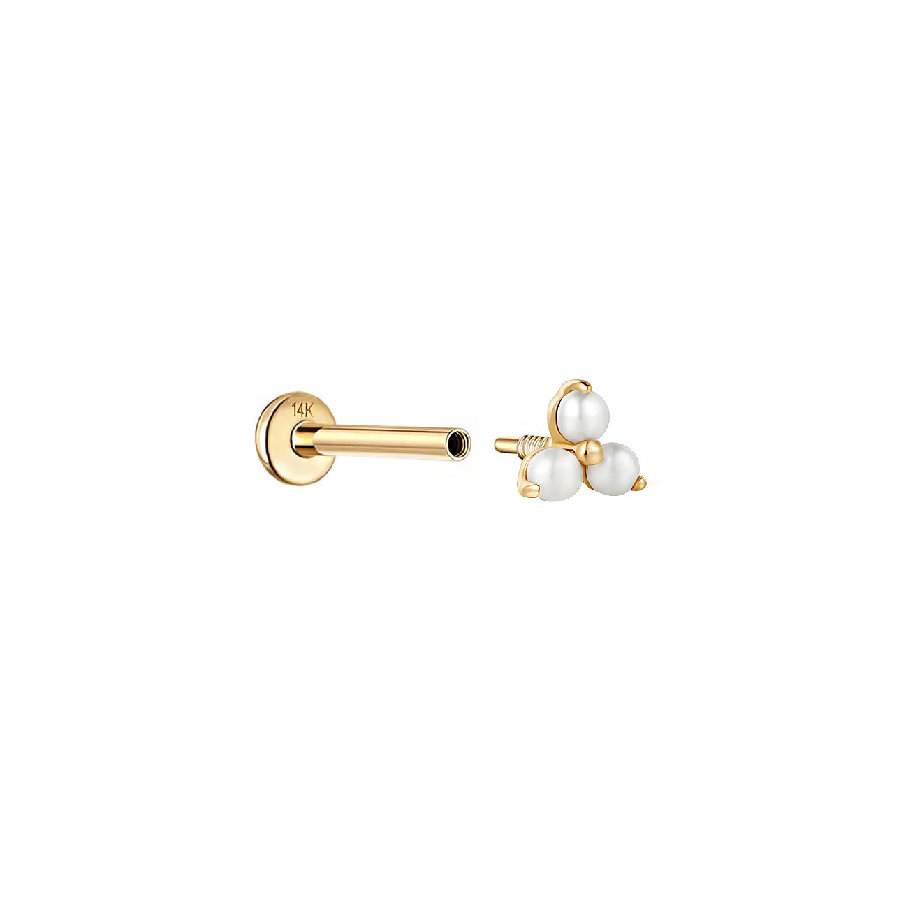 14K gold flat back threaded stud with three small round white beads in a cluster, shown on a white background