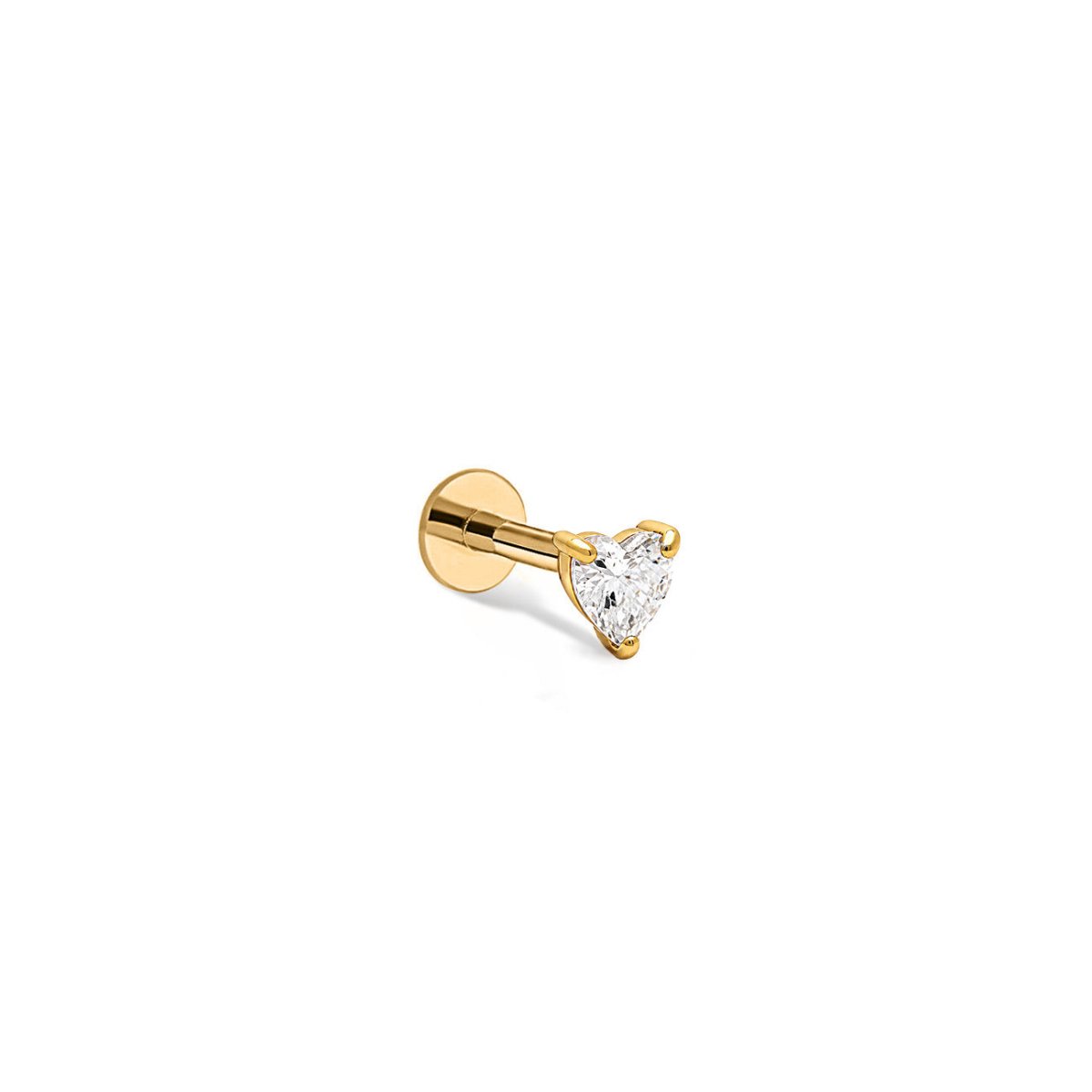 14K gold heart gem flat back stud earring, on a white background
