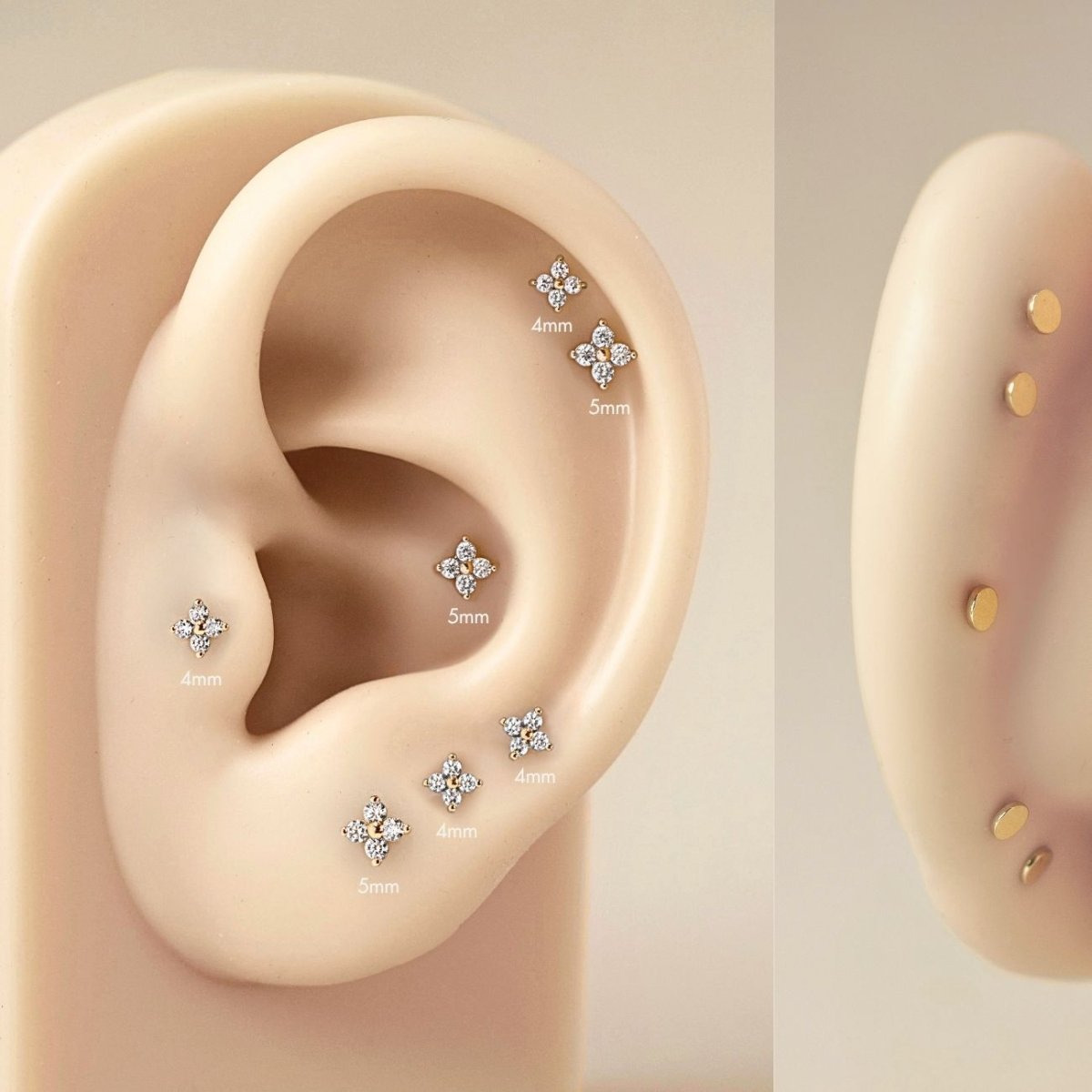 As worn photo of AMYO's 14K Gold Tiny Flor Pavé Flatback Studs in 4mm and 5mm on beige silicone ear.