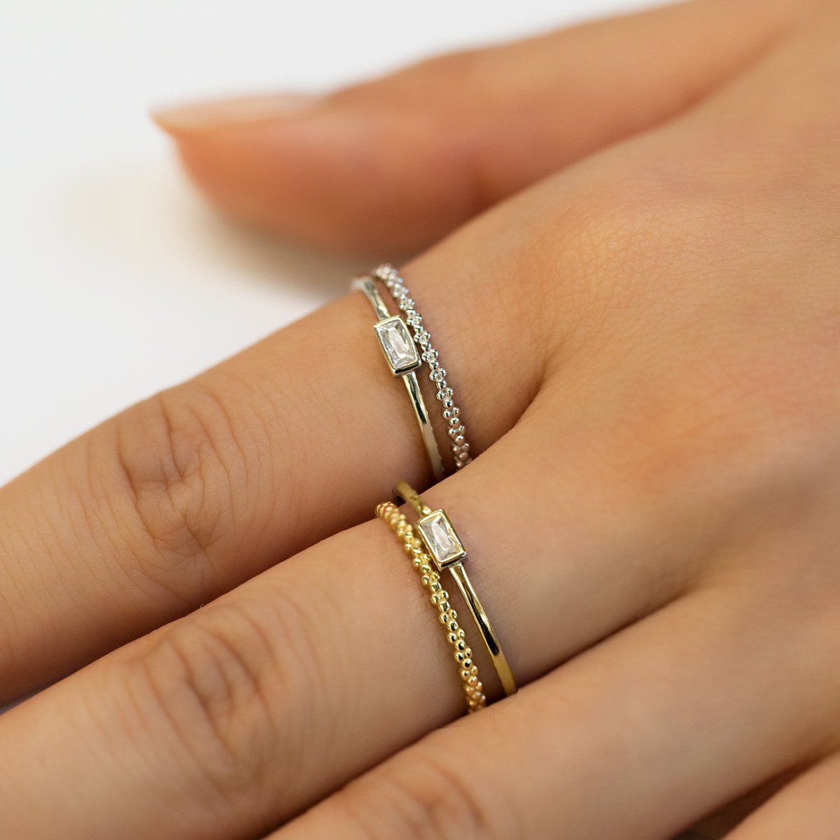 Baguette + Eternity Bead Ring Set