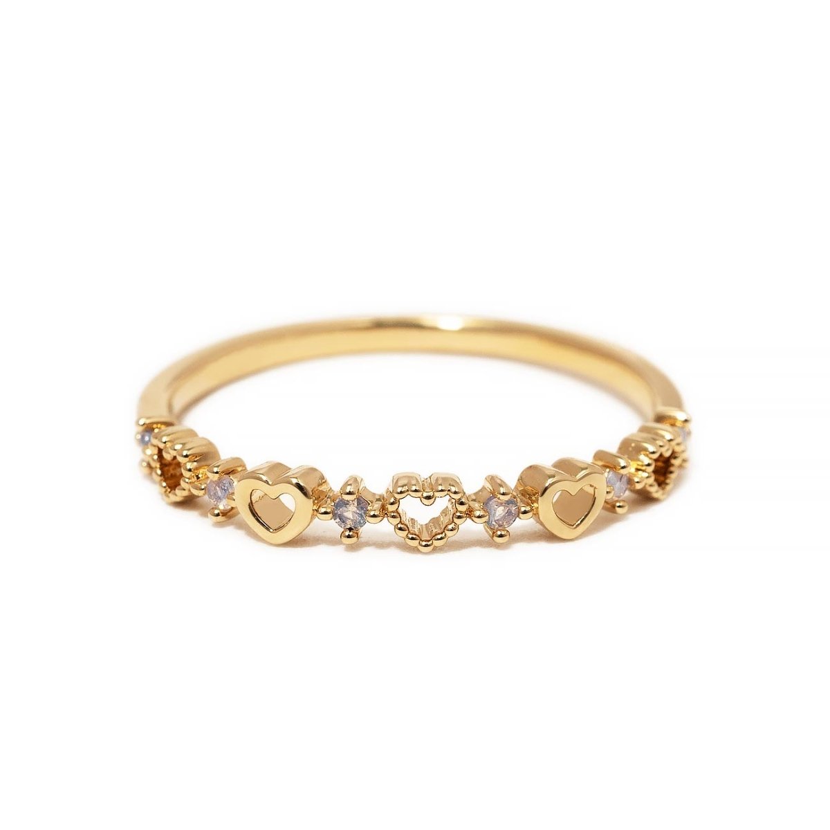 Gold vermeil heart band ring with open and solid hearts and clear stones, on white background