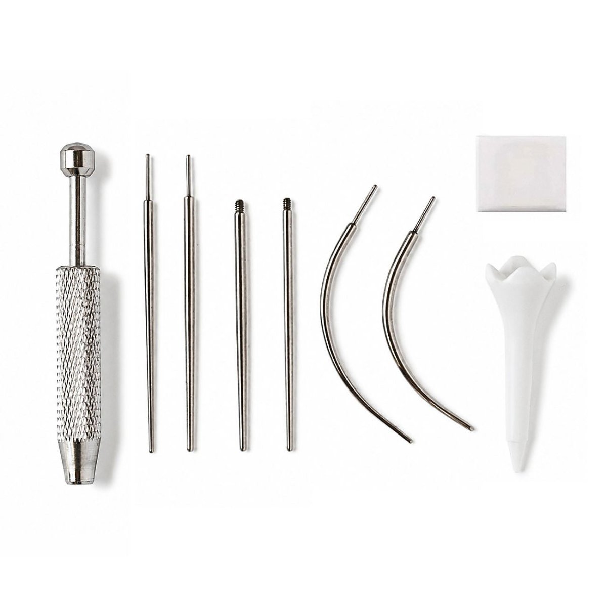 Flat back earring insertion tool kit with insertion tool, threadless pin, curved insertion tapers, screw-back adapters