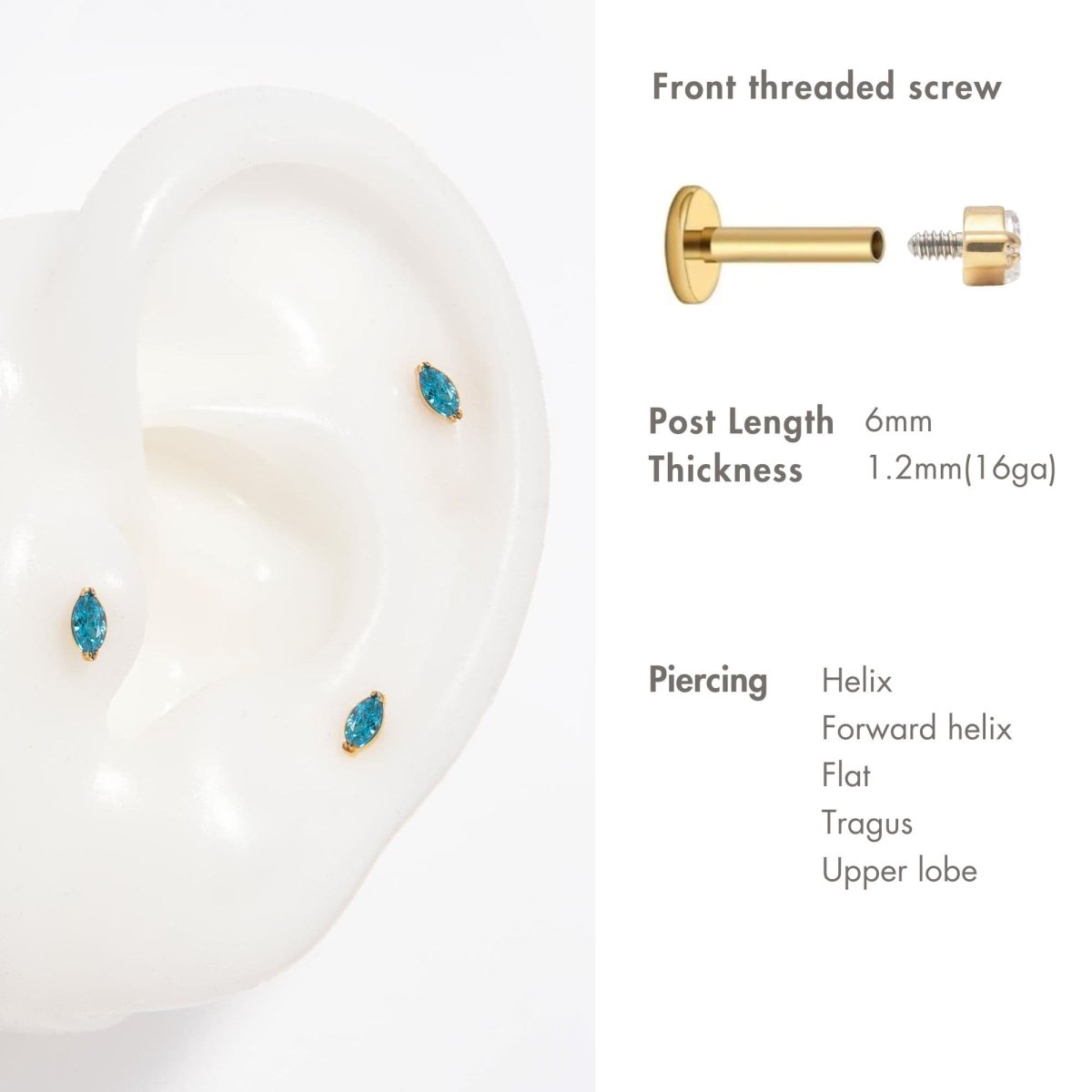 Tiny Marquise Gemstone Stud Blue Zircon