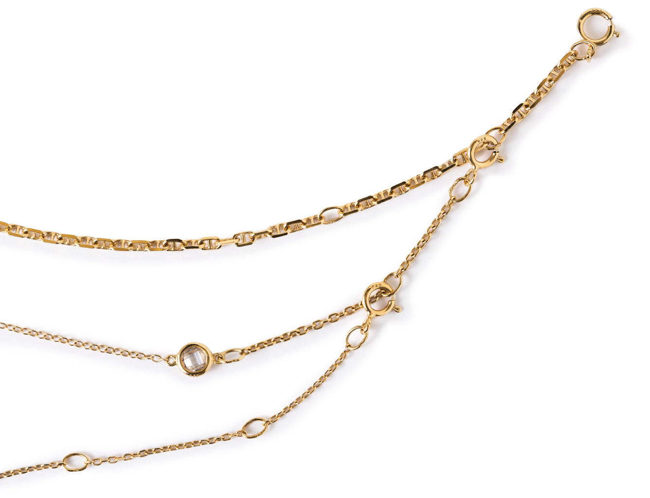 Close-up of the patented O Collection necklace connectors and interchangeable chains.