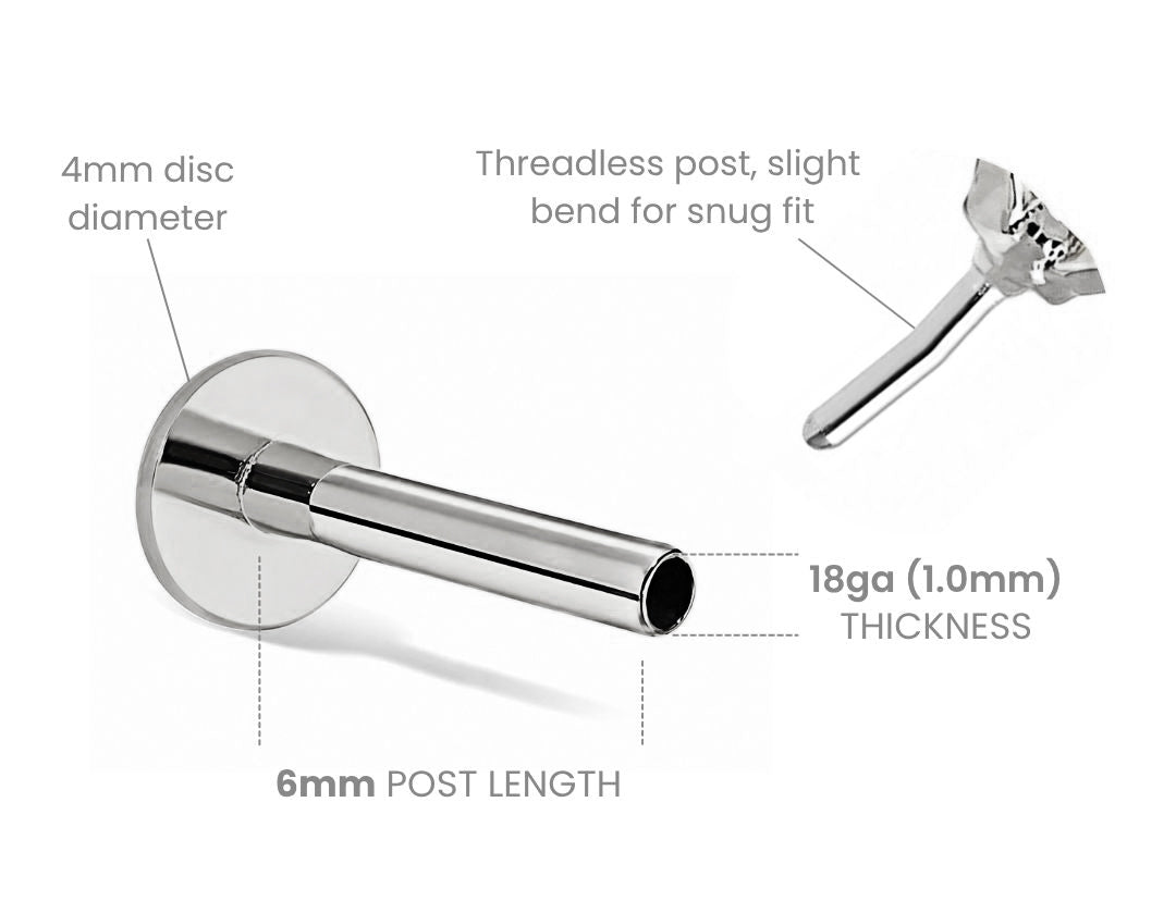 Diagram of a silver flat back post labelled 4mm disc diameter, 6mm post length and 18g thickness, with a threadless top