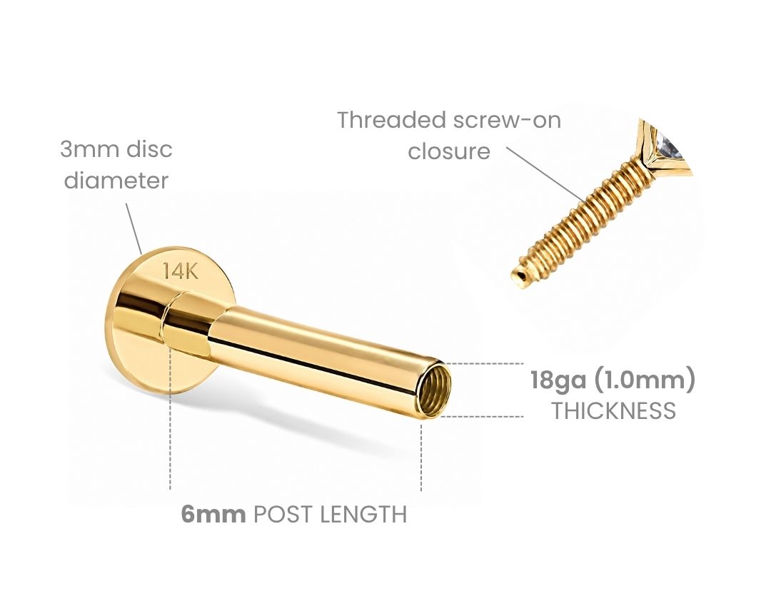 14k gold flat back threaded screw push back, with 3mm disc diameter, 6mm post length, 18gauge 1.0mm thickness