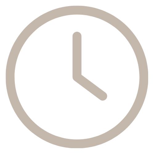 Line icon of a clock face with hands, drawn in beige on a white background